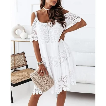 Women's White Dress Lace Dress Summer Dress Mini Dress Lace Hollow Out Wedding Party Date Basic U Neck Short Sleeve Regular Fit Black White Color S M L XL 2XL Size