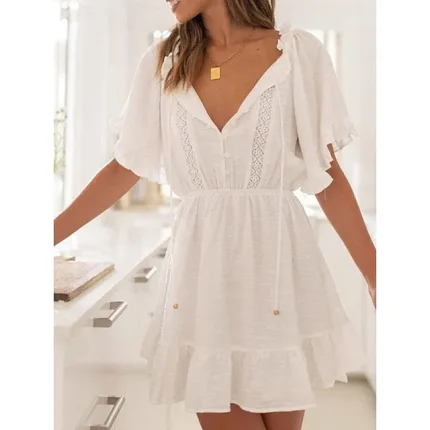 Women's Casual Dress Lace Dress White Dress Mini Dress Lace Ruffle Street Holiday Date Streetwear Basic V Neck Half Sleeve Regular Fit White Pink Color S M L XL Size