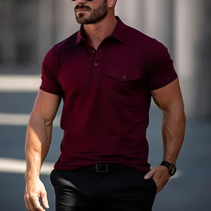 Men's Polo Shirt Button Up Polos Casual Holiday Lapel Short Sleeve Fashion Basic Plain Pocket Summer Regular Fit Wine Polo Shirt
