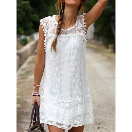 Women's Casual Dress Lace Dress White Dress Mini Dress Lace Patchwork Street Holiday Date Streetwear Crew Neck Sleeveless Slim White Red Navy Blue Color S M L XL 2XL Size