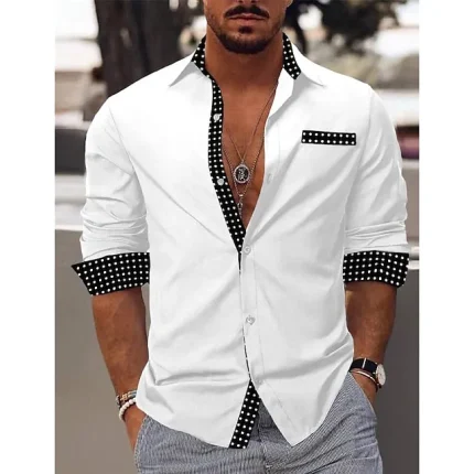 Men's Shirt Button Up Shirt Casual Shirt Summer Shirt Black White Blue khaki Long Sleeve Color Block Dot Lapel Daily Vacation Front Pocket Clothing Apparel Fashion Casual Comfortable