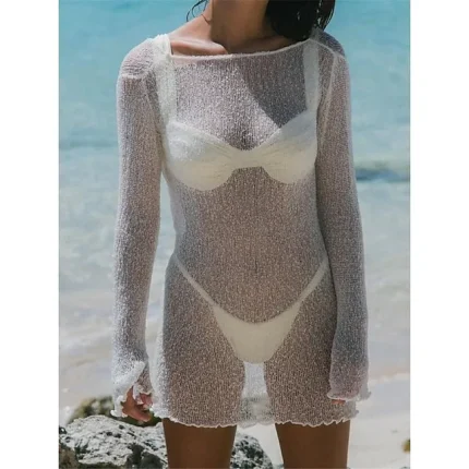 Women's White Dress Casual Dress Summer Dress Mini Dress Backless Holiday Vacation Beach Sexy Square Neck Long Sleeve Regular Fit Black White Color S M L Size