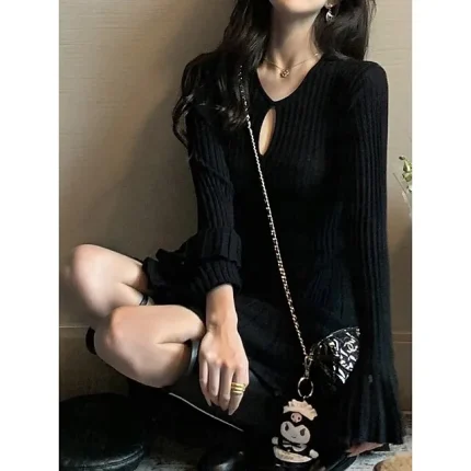 Women's Knit Dress A Line Dress Mini Dress Pleated Street Date Vacation A Line Crew Neck Long Sleeve Regular Fit Black Color One-Size Size