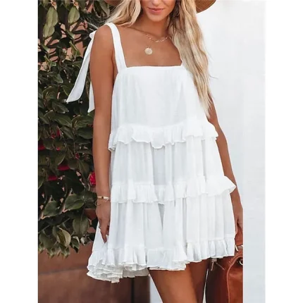 Women's Casual Dress White Dress Summer Dress Mini Dress Ruffle Backless Street Holiday Date Streetwear Strap Sleeveless Loose Fit Black White Color S M L XL Size