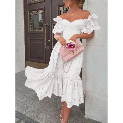 Women's White Dress Casual Dress Swing Dress Midi Dress Ruffle Street Holiday Date Streetwear Sexy Off Shoulder Short Sleeve Regular Fit White Pink Gray Color S M L XL 2XL Size