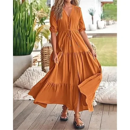 Women's Casual Dress Swing Dress Summer Dress Long Dress Maxi Dress Drawstring Split Street Date Streetwear Maxi V Neck Half Sleeve Regular Fit Black White Pink Color S M L XL 2XL Size