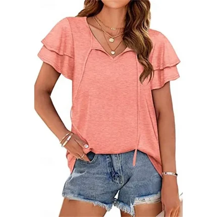 T shirt Tee Women's Black Pink Blue Solid Color Lace up Ruffle Street Daily Fashion V Neck S