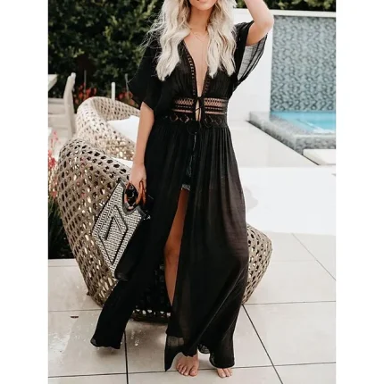 Women's White Dress Lace Dress Casual Dress Long Dress Maxi Dress Patchwork Split Holiday Vacation Beach Streetwear Maxi V Neck Half Sleeve Loose Fit Black White Color One-Size Size