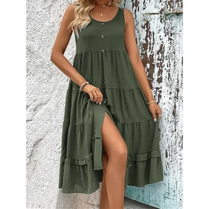 Women's Casual Dress Swing Dress Tank Dress Midi Dress Ruffle Button Street Holiday Vacation Streetwear A Line Crew Neck Sleeveless Regular Fit Black Wine Green Color S M L XL Size