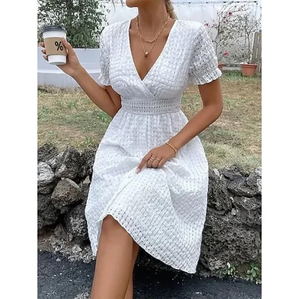 Women's Swing Dress White Dress Plain Dress Long Dress Maxi Dress Patchwork Button Work Date Beach Hawaiian Boho V Neck Short Sleeve Regular Fit White Color S M L XL XXL Size