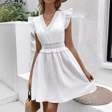Women's White Dress Lace Dress Summer Dress Mini Dress Lace Ruffle Street Date Streetwear V Neck Sleeveless Regular Fit White Color S M L XL 2XL Size