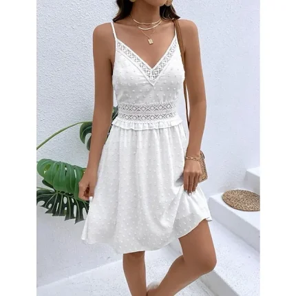 Women's White Dress Lace Dress Casual Dress Midi Dress Lace Street Date Streetwear V Neck Sleeveless Regular Fit White Color S M L XL 2XL Size