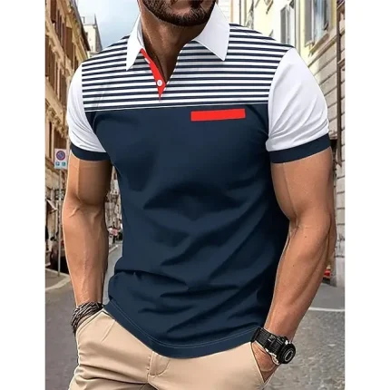 Men's Polo Shirt Button Up Polos Casual Sports Lapel Short Sleeve Fashion Basic Color Block Striped Patchwork Summer Regular Fit White Yellow Burgundy Navy Blue Blue Polo Shirt