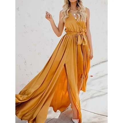Women's Casual Dress Swing Dress A Line Dress Long Dress Maxi Dress Lace up Split Wedding Date Vacation Maxi Boho V Neck Sleeveless Regular Fit Yellow Pink Green Color S M L XL 2XL Size