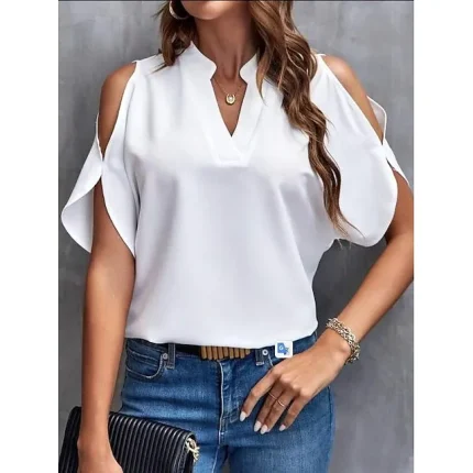 Shirt Blouse Women's Black White Yellow Solid Color Cut Out Street Daily Fashion V Neck S