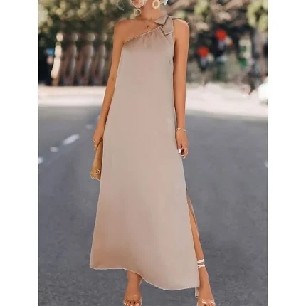Women's Casual Dress Summer Dress Plain Dress Long Dress Maxi Dress Split Bow Street Holiday Date Streetwear Maxi One Shoulder Sleeveless Regular Fit Fuchsia Apricot Color S M L XL Size