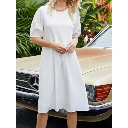 Women's White Dress Casual Dress Summer Dress Midi Dress Ruched Street Holiday Date Streetwear Crew Neck Half Sleeve Loose Fit Black White Color S M L XL Size