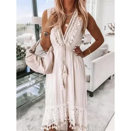 Women's White Dress Lace Dress Casual Dress Midi Dress Tassel Fringe Lace Street Holiday Date Elegant Bohemia V Neck Sleeveless Regular Fit White Color S M L XL 2XL Size