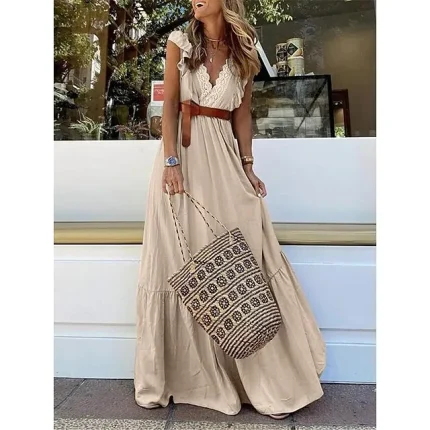 Women's White Dress Lace Dress Casual Dress Long Dress Maxi Dress Lace Ruffle Street Holiday Date Streetwear Maxi V Neck Sleeveless Regular Fit Black White Khaki Color S M L XL 2XL Size
