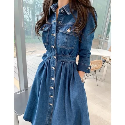 Women's Swing Dress Denim Shirt Dress Maxi long Dress Denim Formal Casual Outdoor Winter Dress Daily Shirt Collar Ruched Pocket Long Sleeve Winter Fall Spring Regular Fit Blue Pure Color S M L