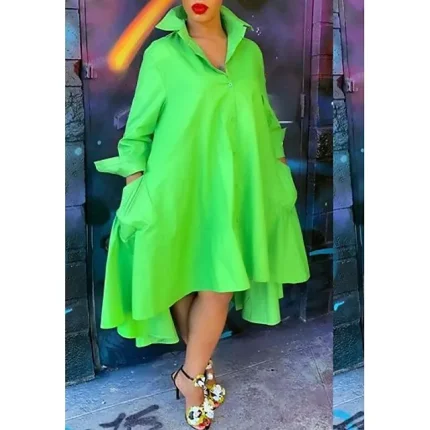 Women's Shirt Dress Midi Dress Winter Dress Daily Vacation Polyester Cotton Blend Classic Casual Shirt Collar Ruched Ruffle Long Sleeve Summer Spring Fall Loose Fit Light Green Pure Color S M L