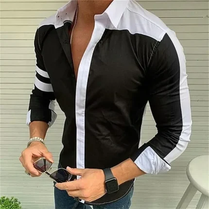 Men's Shirt Button Up Shirt Summer Shirt Black / White Navy Blue Gray Long Sleeve Color Block Turndown Outdoor Street Button-Down Clothing Apparel Fashion Casual Breathable Comfortable