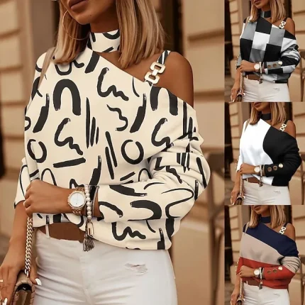 Women's T shirt Tee Geometric Daily Black And White Black and white grid Beige Color Block Long Sleeve Basic One Shoulder Spring Fall Spring, Fall, Winter, Summer