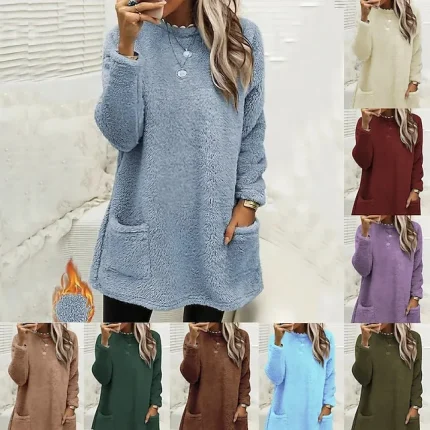 Women's Sweatshirt Pullover Sherpa Fleece Teddy Pocket Marron Black Blue Solid Color Street Casual Round Neck Long Sleeve Fleece S M L XL 2XL 3XL