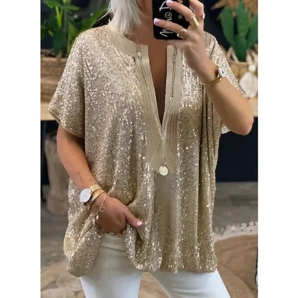 Women's Shirt Blouse Plain Sparkly Casual Weekend Silver Gold Sequins Long Sleeve Elegant Vintage Fashion V Neck Regular Fit Spring Fall