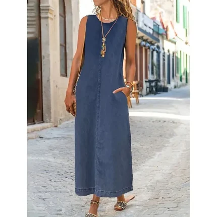 Women's Denim Dress Shift Dress Maxi long Dress Denim Modern Casual Vacation Crew Neck Patchwork Sleeveless Summer Spring Regular Fit Black Royal Blue Blue Pure Color S M L XL 2XL