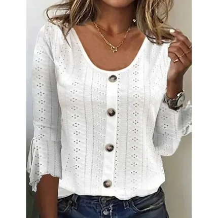 Women's T shirt Tee Blouse Plain Casual White Button 3/4 Length Sleeve Basic Round Neck Regular Fit