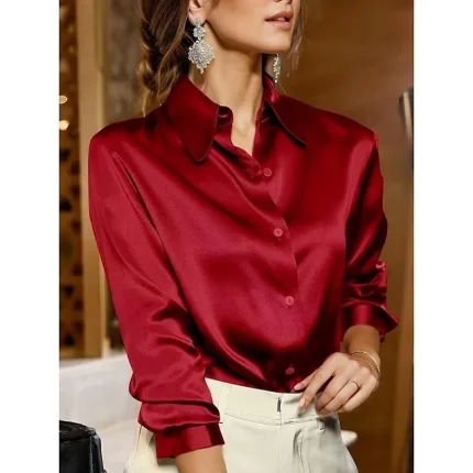 Women's Shirt Blouse Satin Plain Work Casual White Yellow Red Button Long Sleeve Daily Business Mature V Neck Regular Fit Spring & Fall