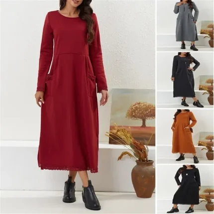 Women's Casual Dress Plain Dress Midi Dress Lace Pocket Daily Date Going out Fashion Streetwear Crew Neck Long Sleeve Regular Fit Black Red Orange Color S M L XL 2XL Size
