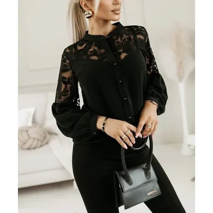 Women's Lace Shirt Blouse Plain Casual Lantern Sleeve Black White Lace Long Sleeve Elegant V Neck Form Fit Fall