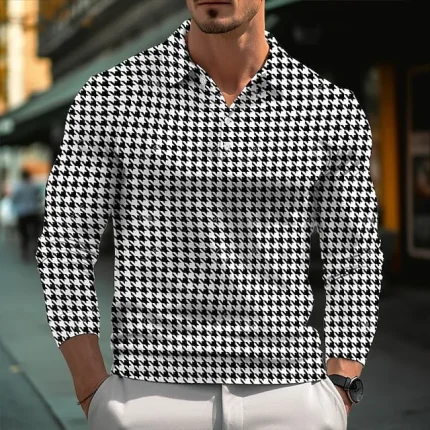 Men's Polo Shirt Golf Shirt Casual Sports Lapel Long Sleeve Fashion Basic Houndstooth Button Spring & Fall Regular Fit White Red Gray Polo Shirt