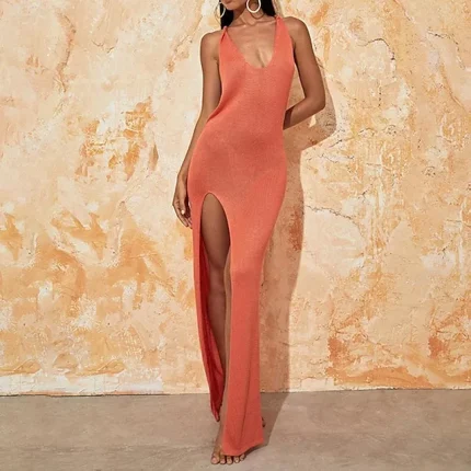 Women's Casual Dress Summer Dress Plain Dress Long Dress Maxi Dress Split Street Holiday Date Streetwear Sexy U Neck Sleeveless Regular Fit Orange Color One-Size Size